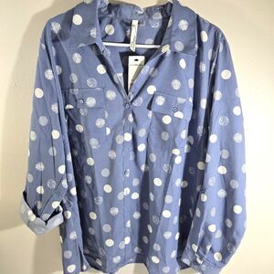 NWT NY Collection Womens 2X Button Shirt  V Neck pockets stretch lightweight